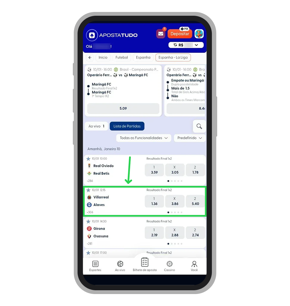 Selecione a liga desejada e escolha uma partida ao vivo ou pré-jogo tocando diretamente no evento exibido na lista