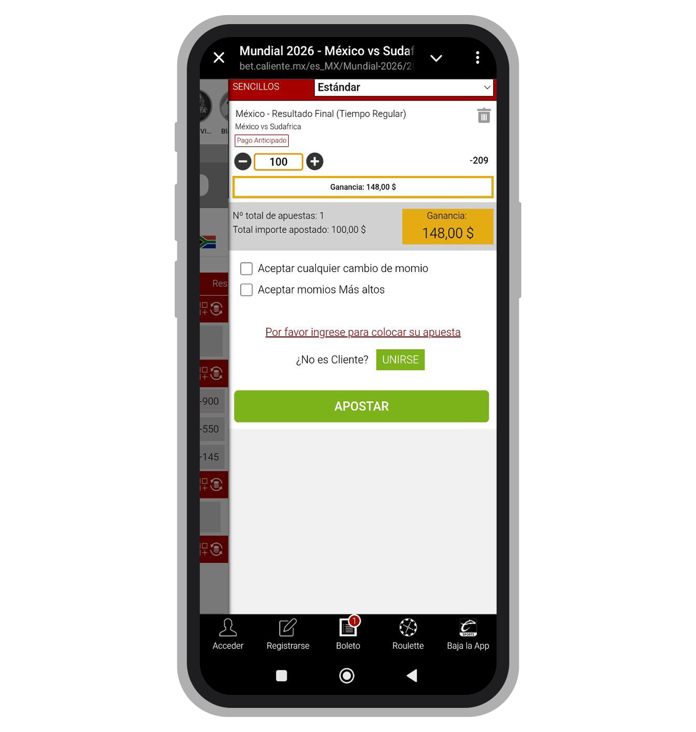 Cupón de apuesta. Caliente
