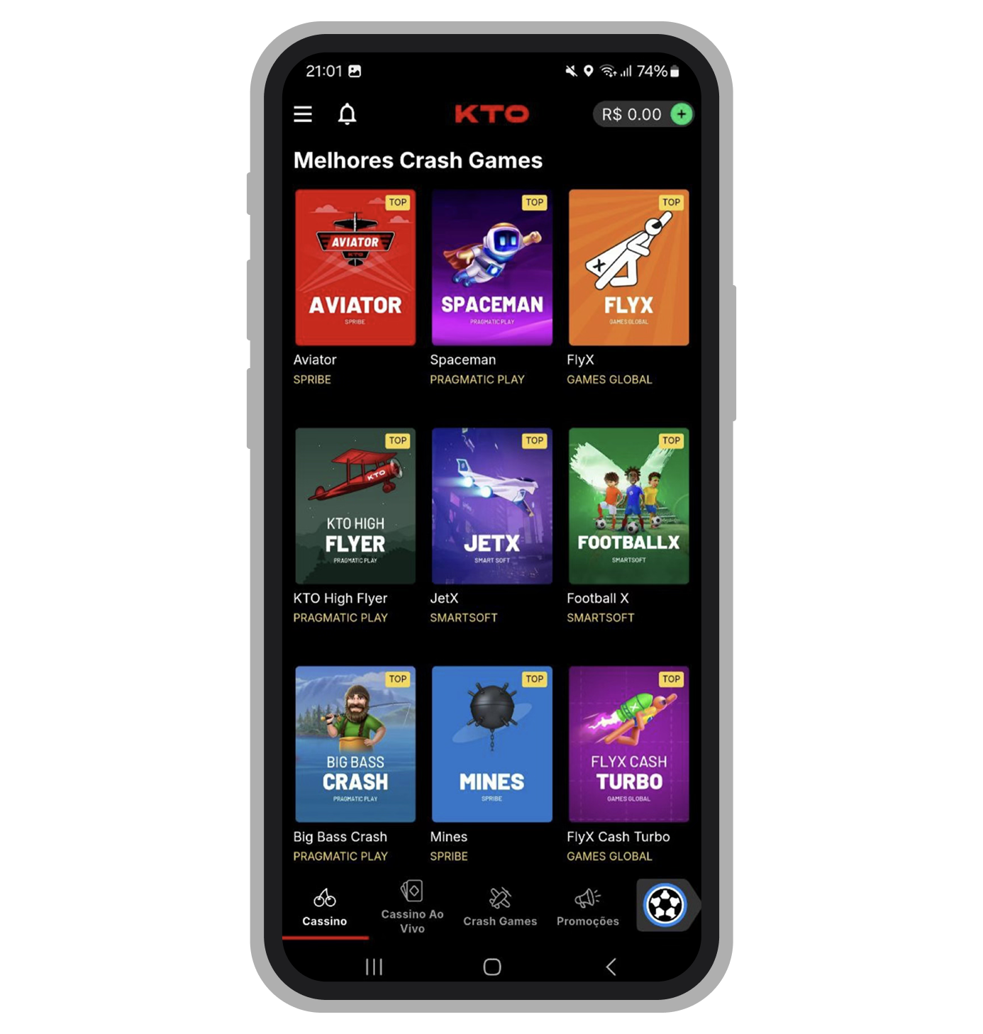 Crash Games no site mobile de KTO cassino 