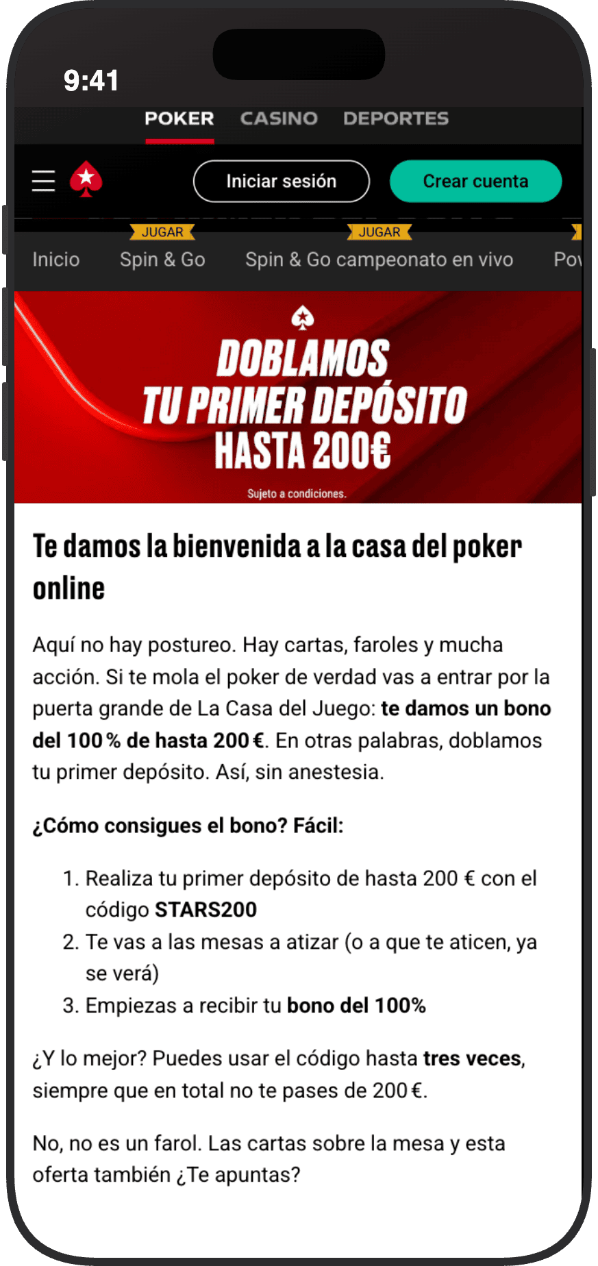 Bono de bienvenida de póquer de Pokerstars: te duplicamos tu primer depósito hasta 200€ con el código STARS200