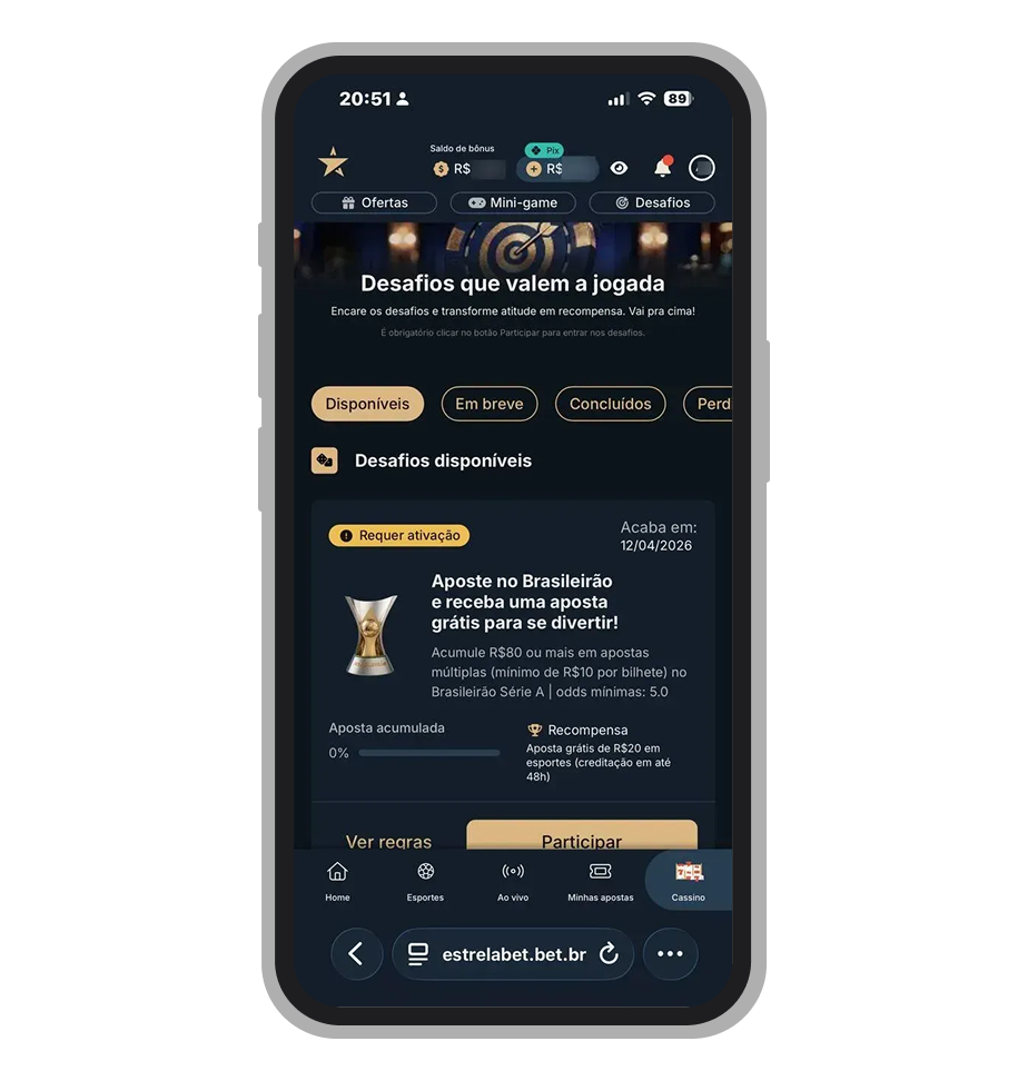 Desáfios no site móvel da EstrelaBet