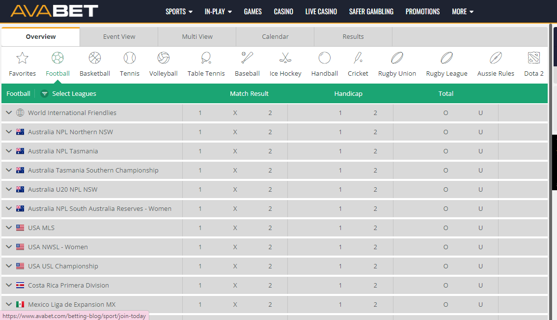 Live betting section of Avabet.