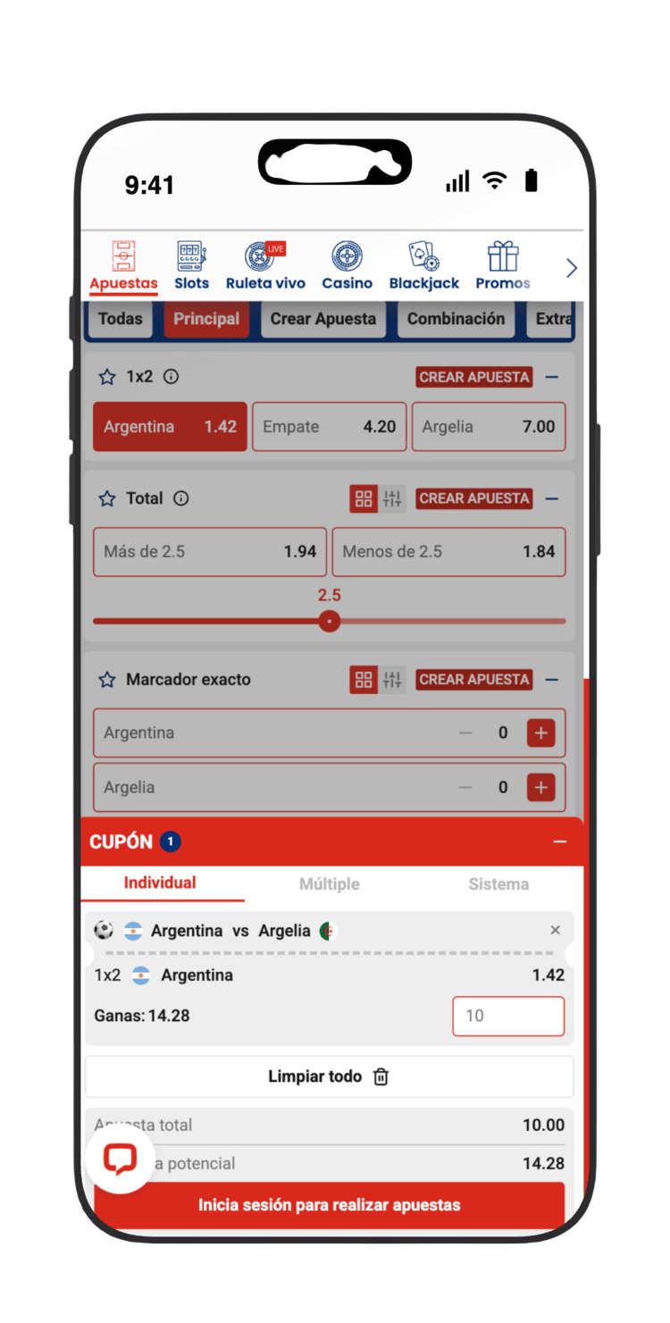 Introduce el importe y pulsa en Realizar apuesta en el cupón de JOKERBET para confirmar tu apuesta en Argentina vs Argelia