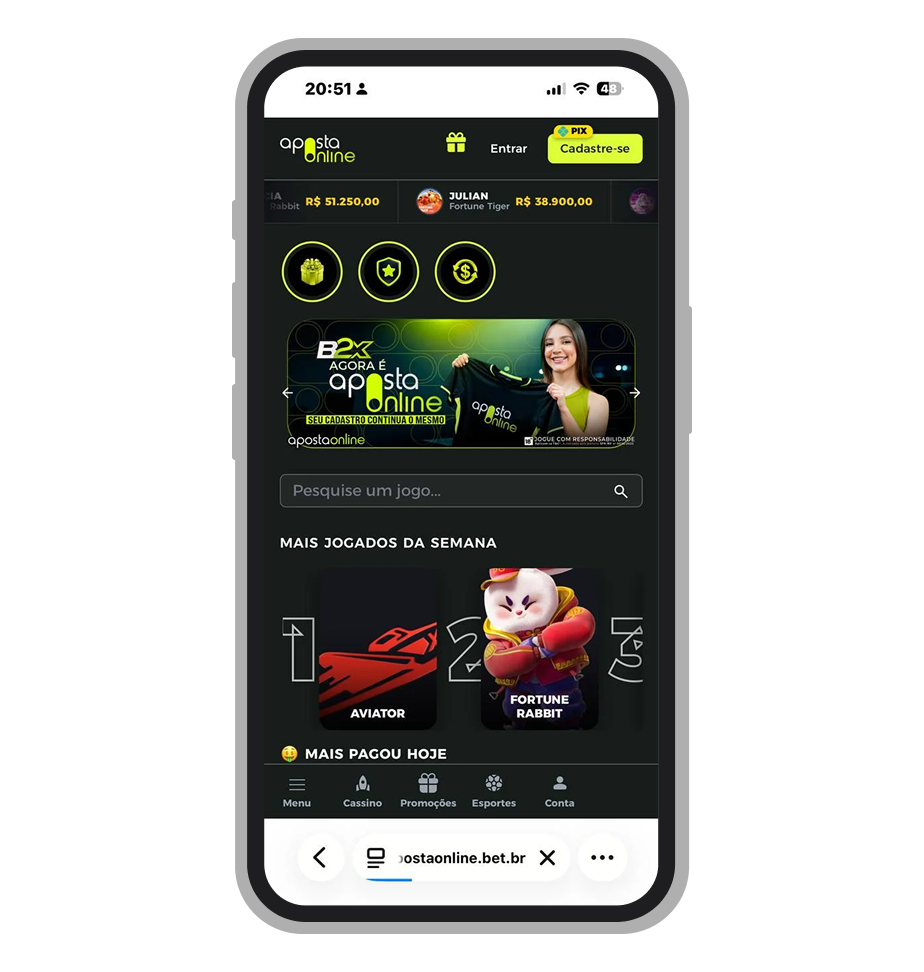 Página inicial do cassino Aposta Online com menu lateral e categorias de jogos
