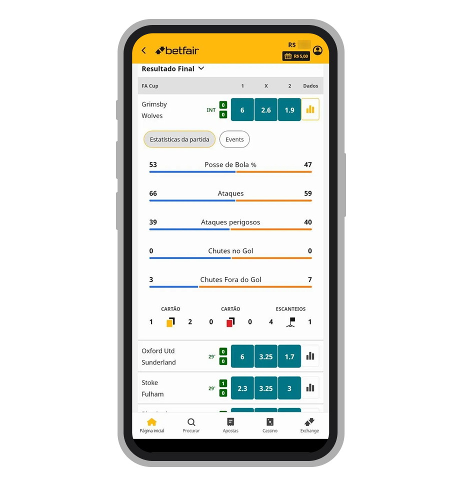 Estatísticas no aplicativo da Betfair para Android