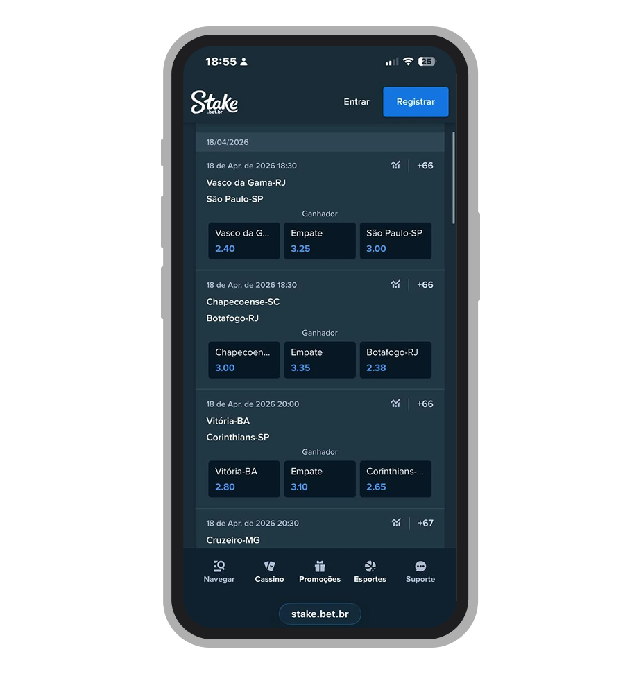 Tela de odds do Brasileirão Série A na Stake com margem de 4,98%