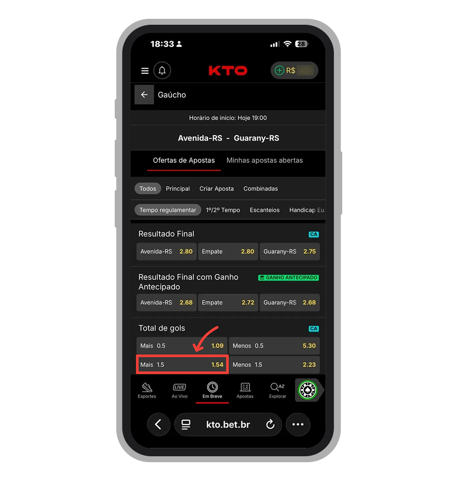 Escolha um dos resultados disponíveis e clique nas odds ao seu lado