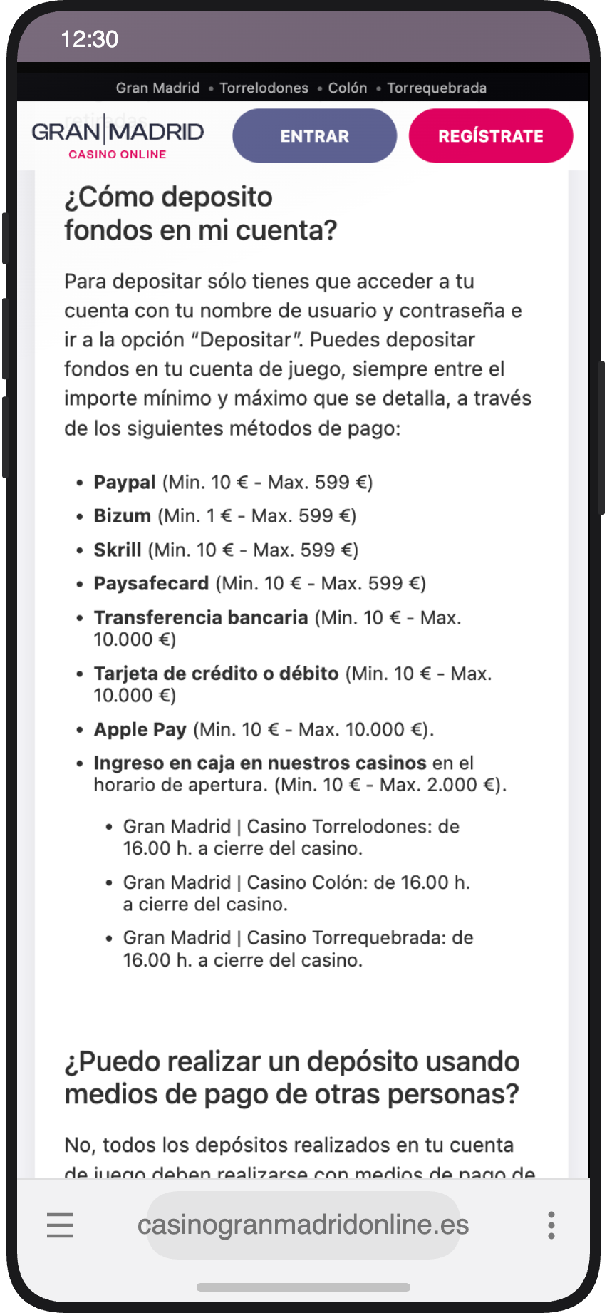 FAQ de métodos de depósito en Casino Gran Madrid Online con Bizum desde 1€ y PayPal desde 10€