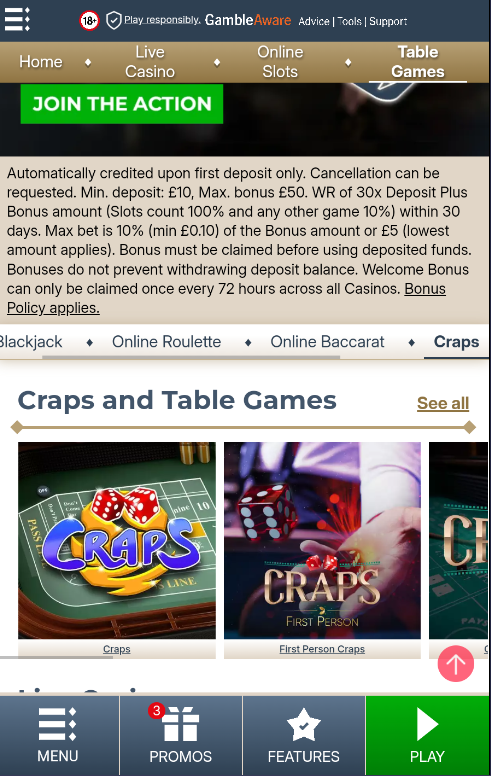 Craps in Table Games section