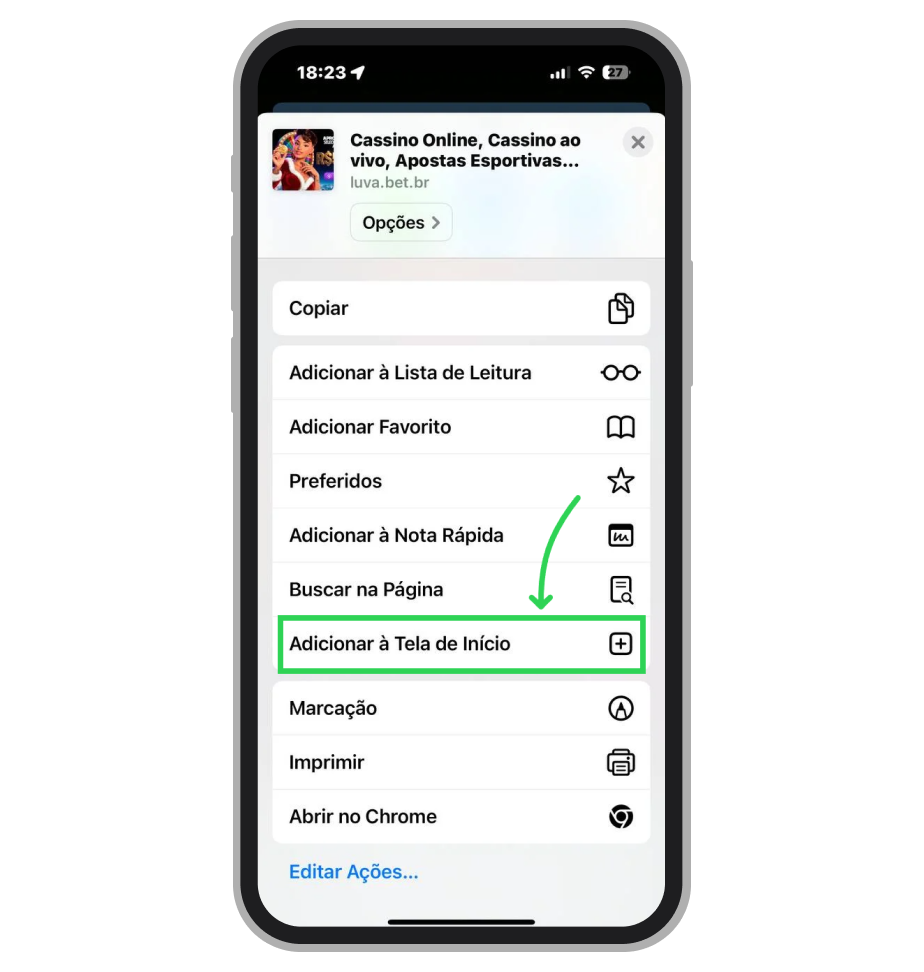 Role as opções e selecione "Adicionar à Tela de Início" para configurar o atalho 