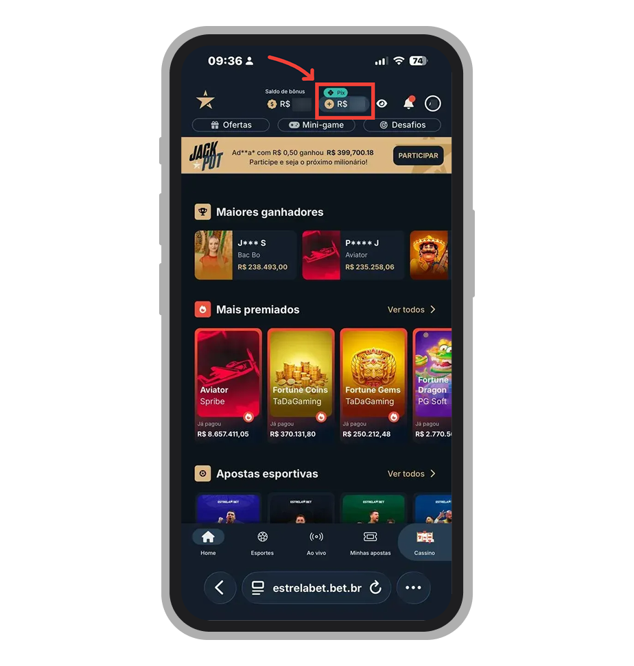 Botão “Depósito” na tela inicial da Estrela Bet