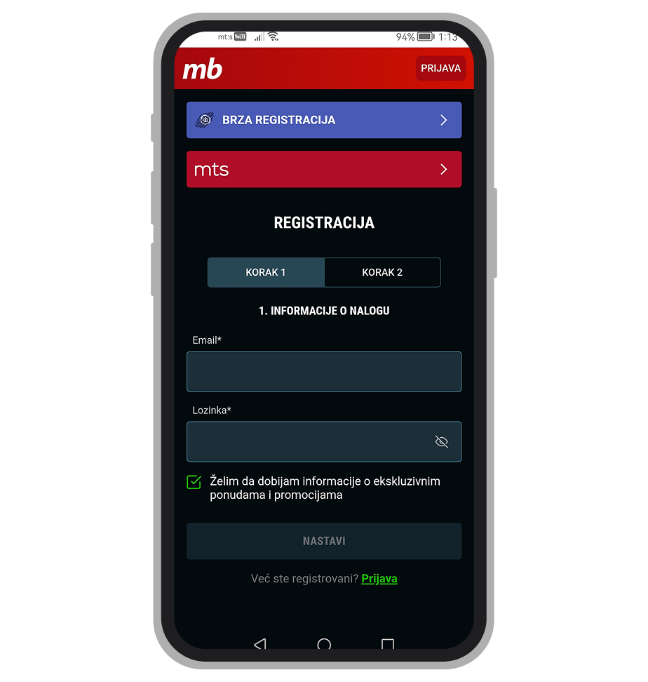 Meridianbet formular za registraciju