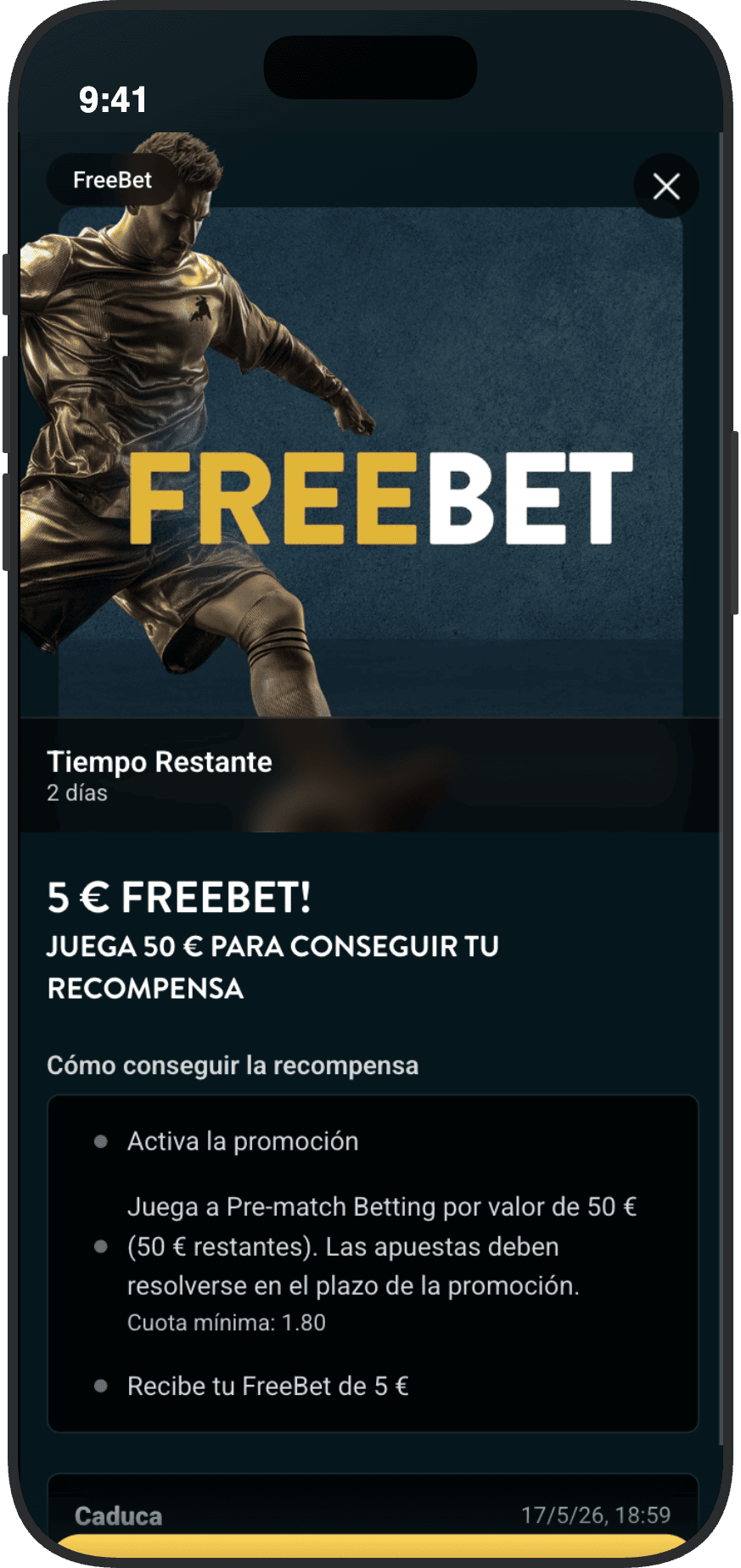 Promoción de freebet de 5 euros en Golden Bull: apuesta 50€ en prematch con cuota mínima 1.80 y recibe tu apuesta gratuita
