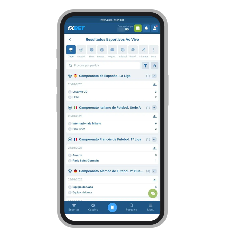 Resultados esportivos ao vivo no aplicativo 1xBet por campeonatos