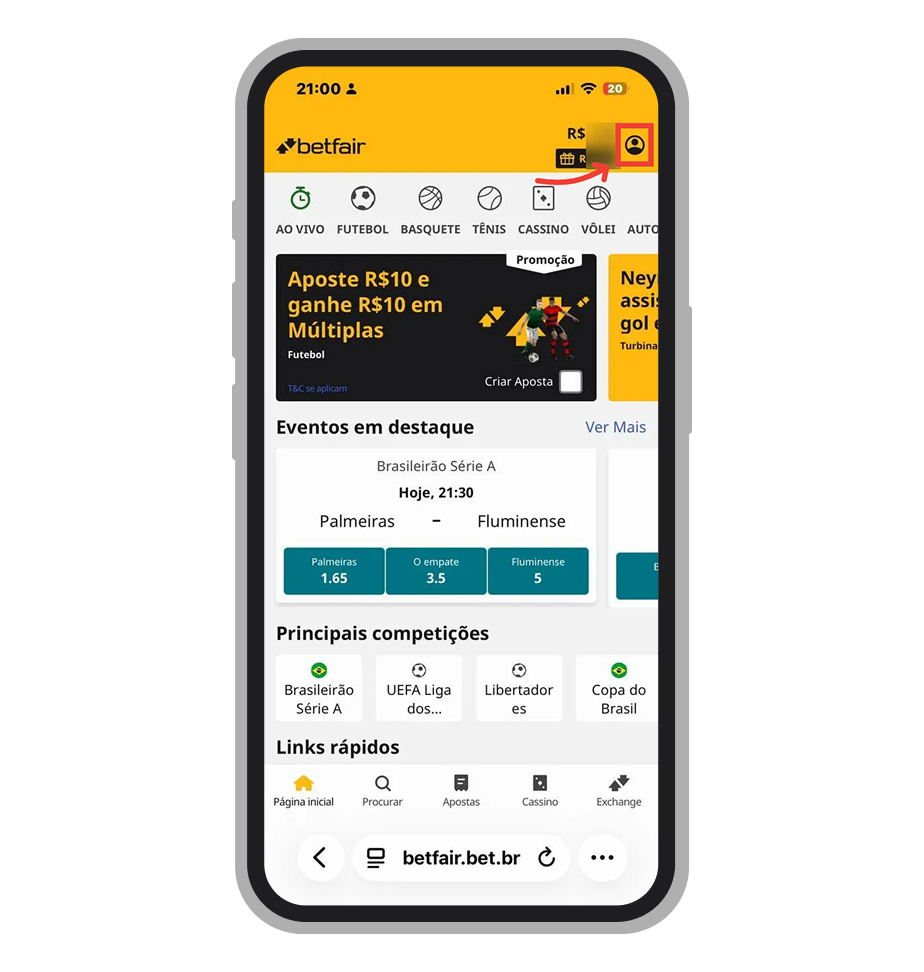 Toque no ícone de perfil na tela inicial do site