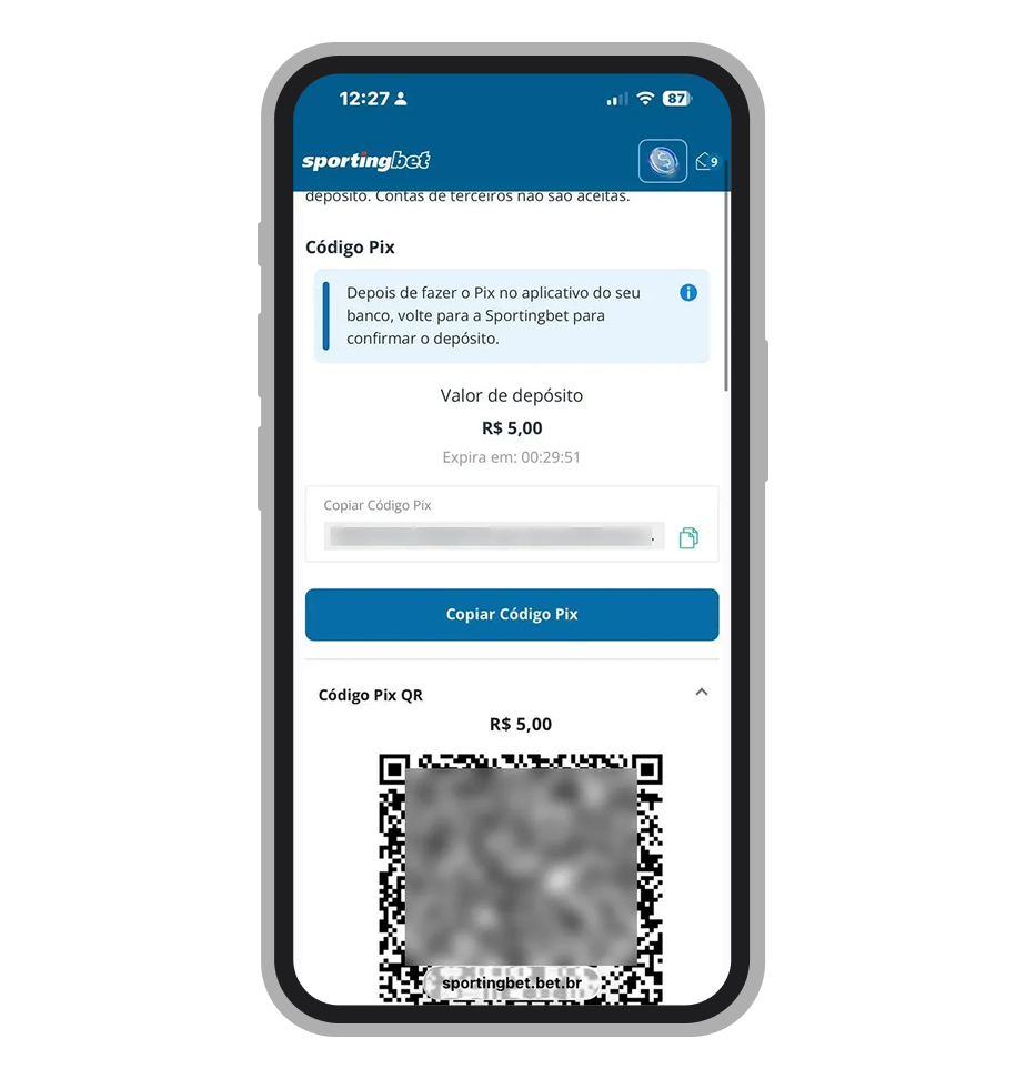 QR code Pix gerado para depósito mínimo de R$ 5 no cassino Sportingbet