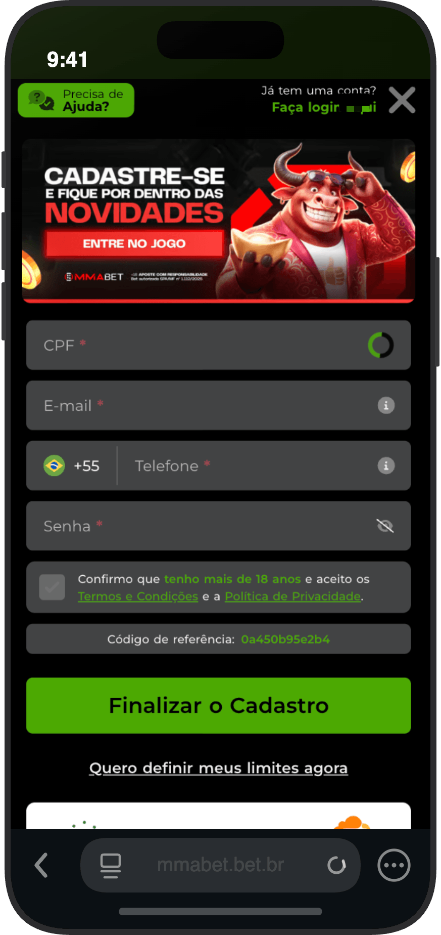Formulário de cadastro no cassino MMABet com CPF, e-mail e definição de limites