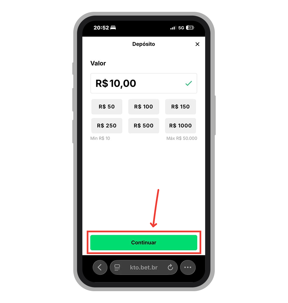 Tela de depósito via Pix no site da KTO com campo para inserir valor