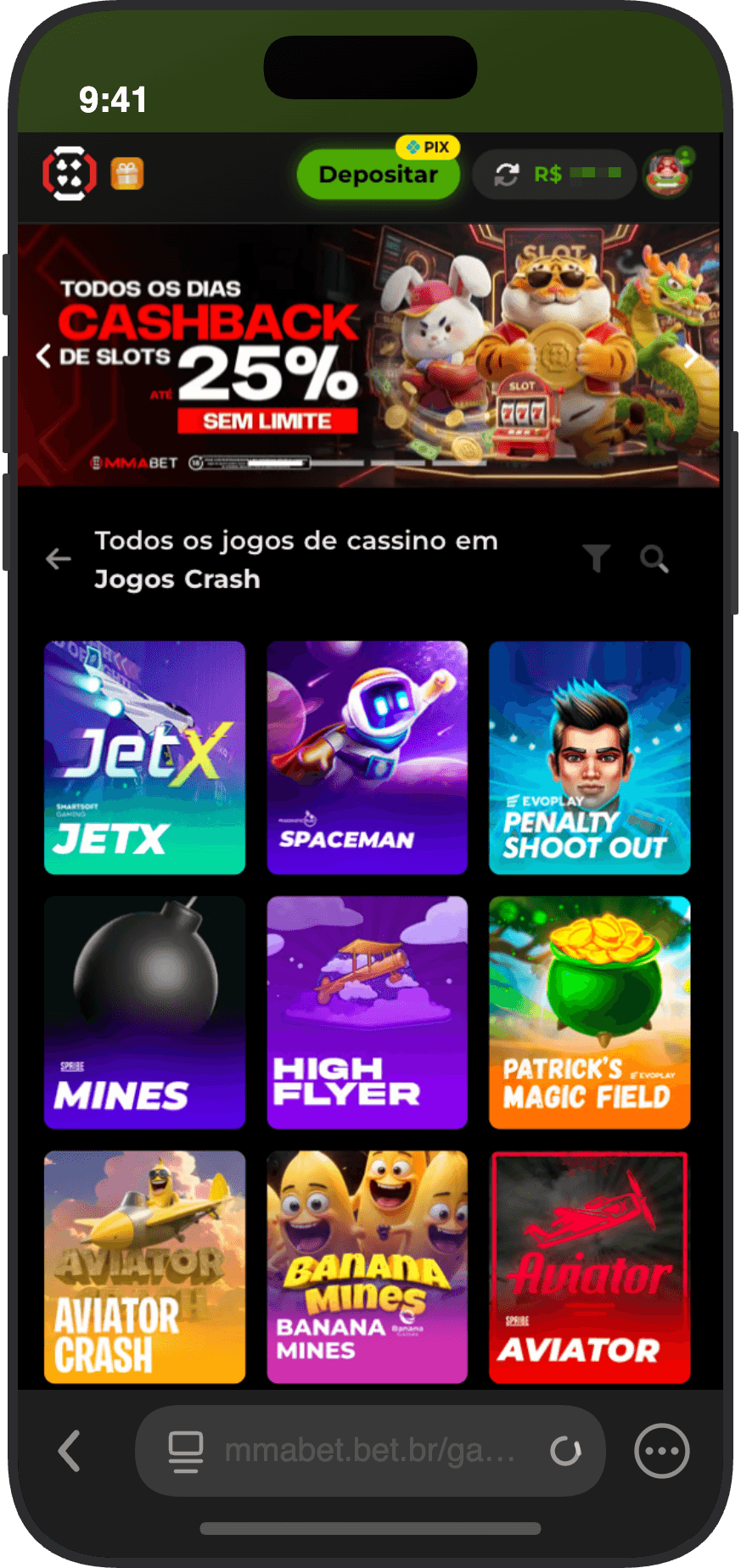 Seção de jogos crash no cassino MMABet com JetX, Spaceman, Mines e Plinko
