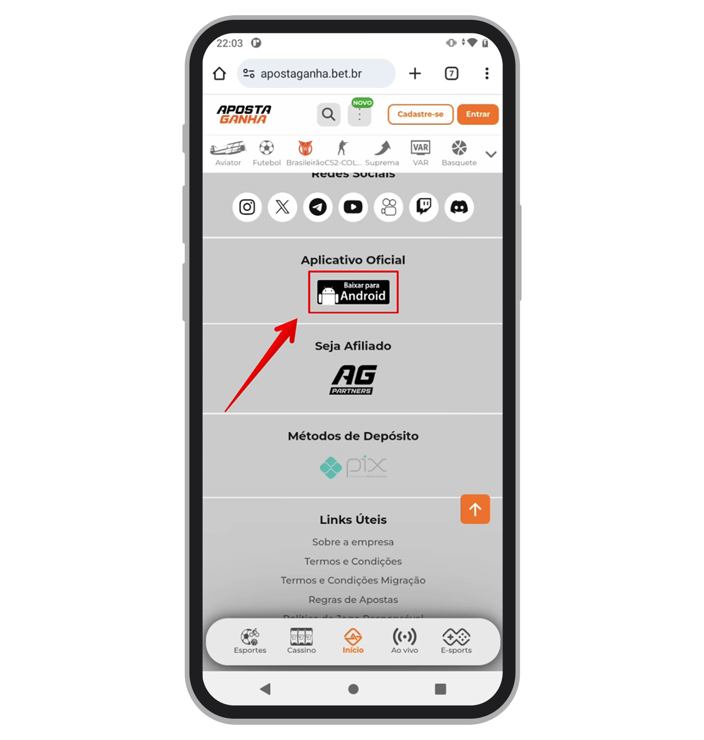 Clique no ícone do Android no site mobile 