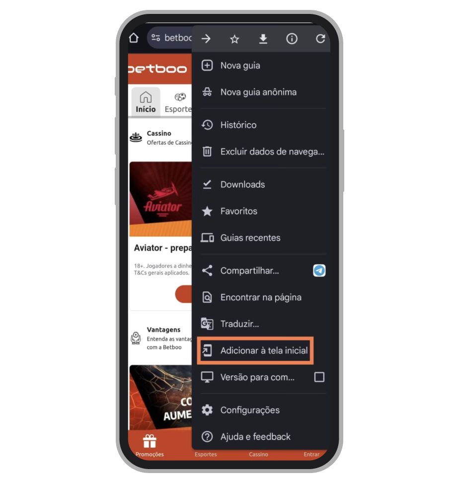 A criação de atalho Betboo no dispositivo móvel com Android
