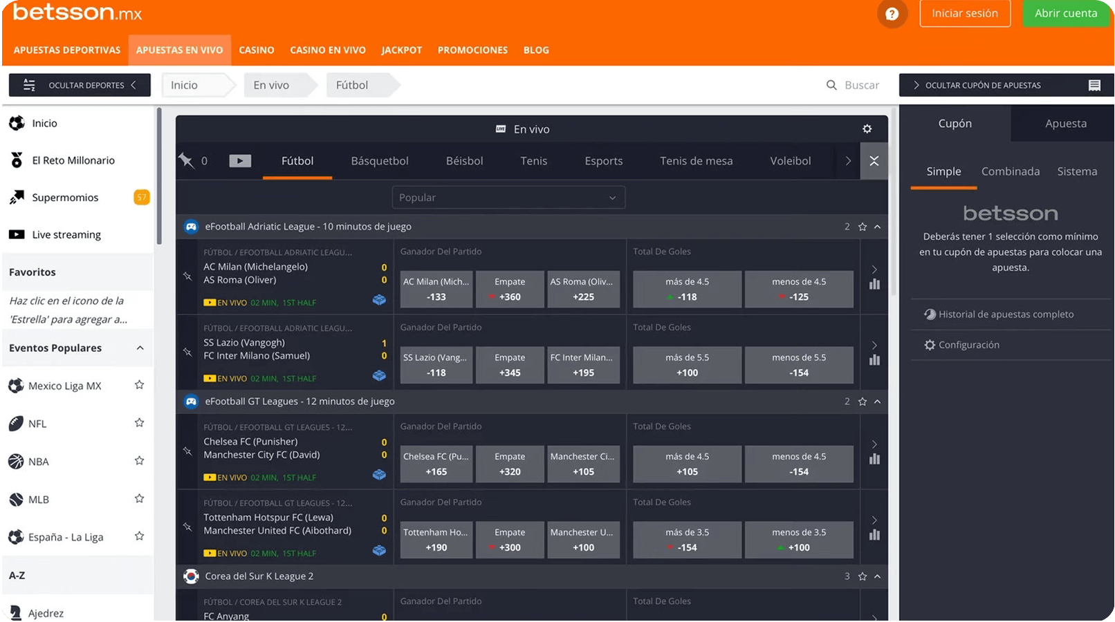 Apuestas en vivo. Betsson