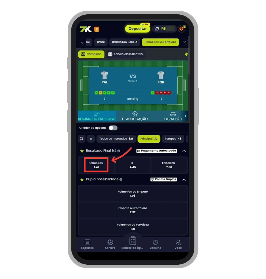 Toque no resultado em que gostaria de apostar 