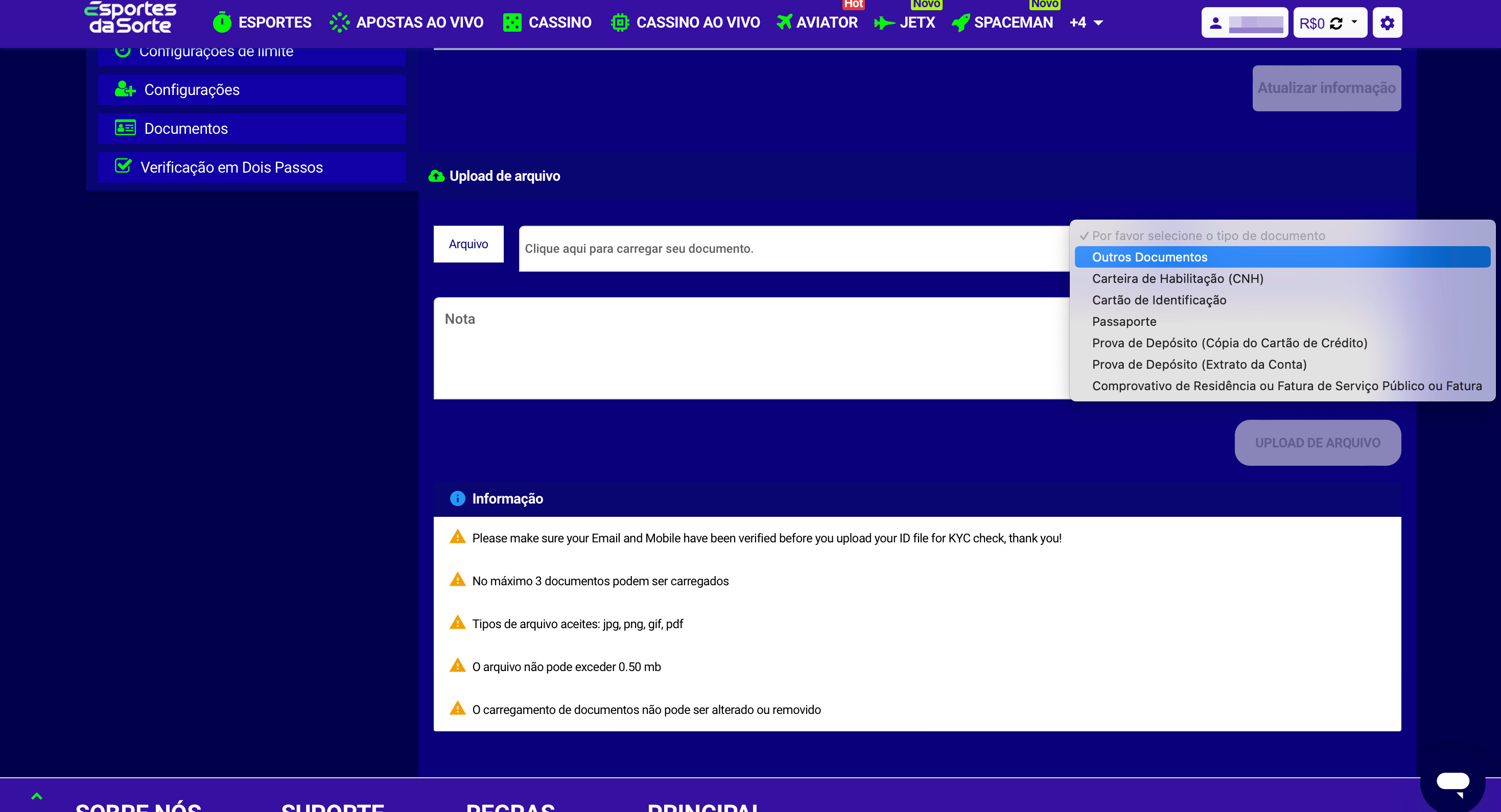 Prossiga com upload de documentos