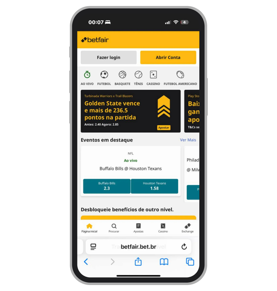 A Betfair aberto no ceclular