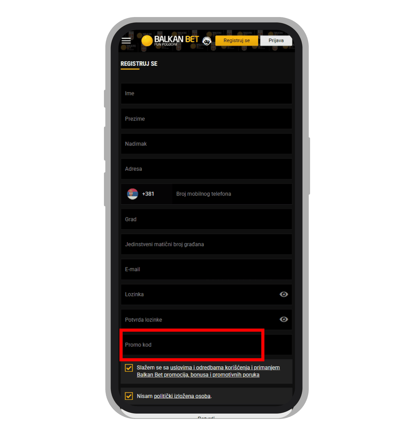 Unos promo koda tokom registracije na Balkan Bet