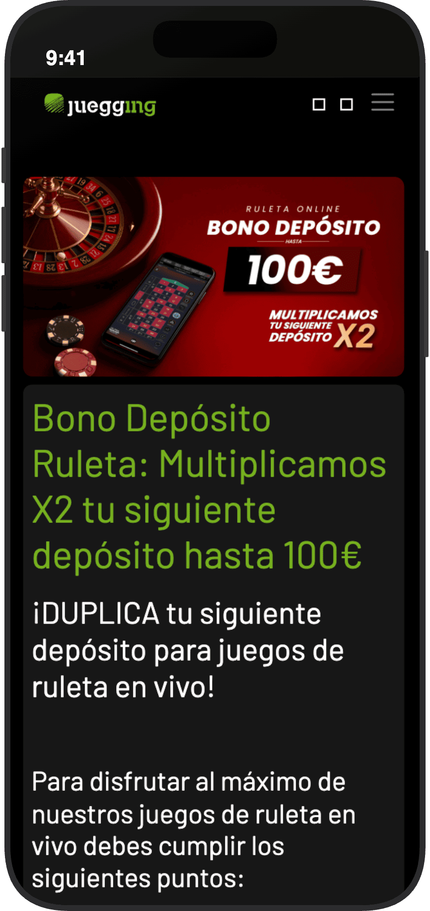 Bono de depósito de Juegging para ruleta online con depósito duplicado hasta 100 euros