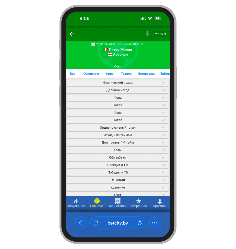 Доступные рынки на футбольный матч