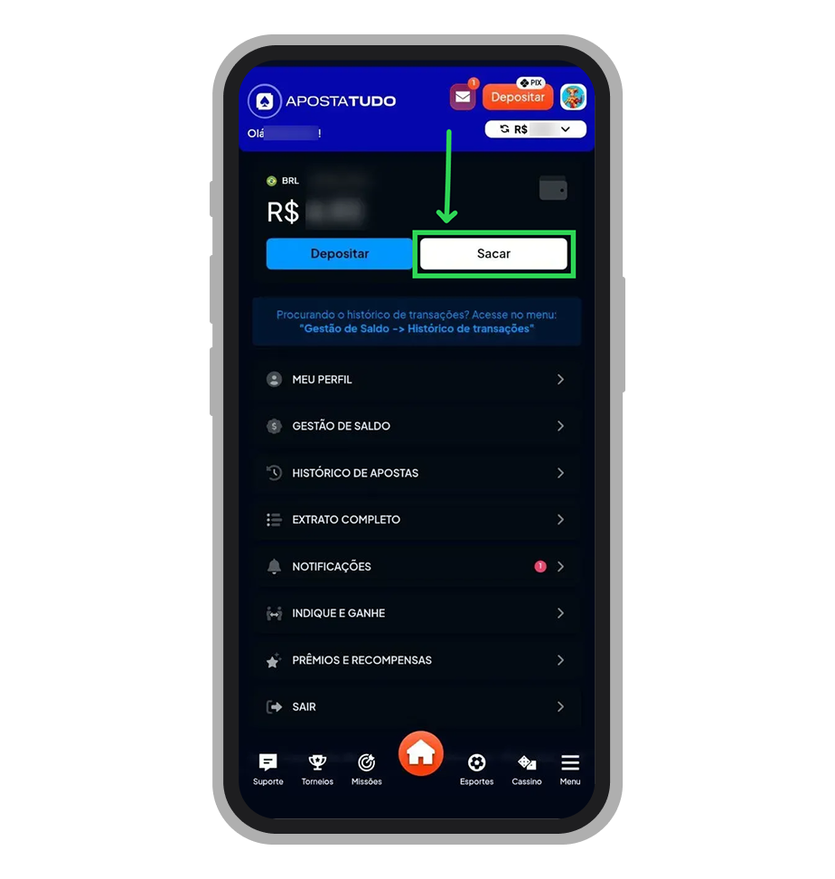 Na a carteira, toque no botão “Sacar”