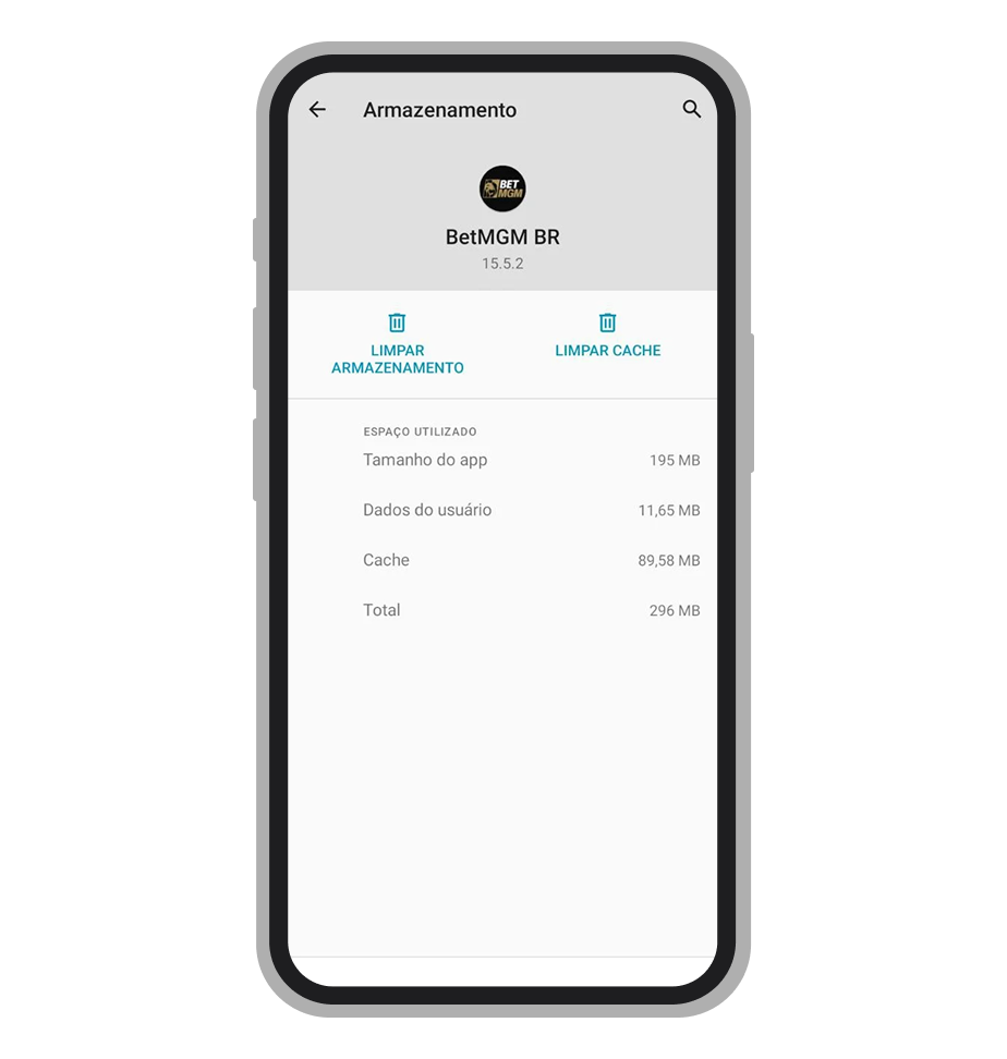 O app da BetMGM ocupa 195 MB + cache na memória de celular
