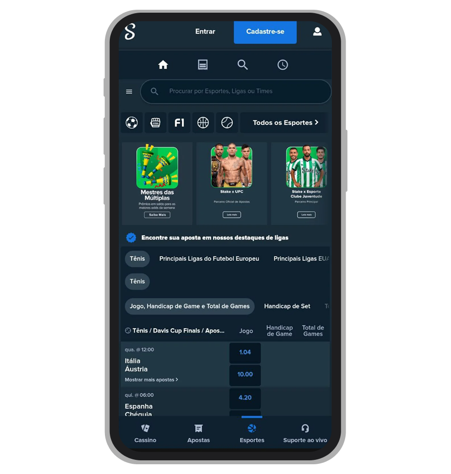 Tela inicial do aplicativo Stake