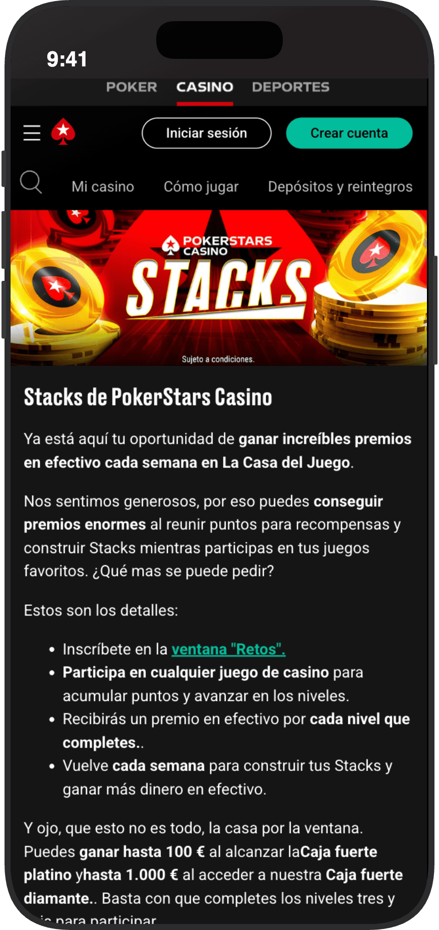 Promoción Stacks del casino Pokerstars: acumula puntos semanales por nivel y gana hasta 1000€ en la Caja fuerte Diamante
