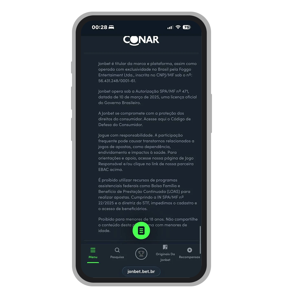 Licença SPA/MF nº 471 da Jonbet exibida no rodapé do site jonbet.bet.br