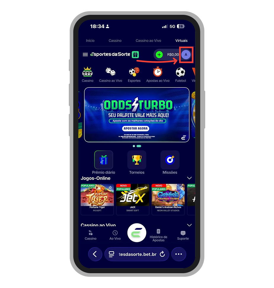 Acesse o menu da conta