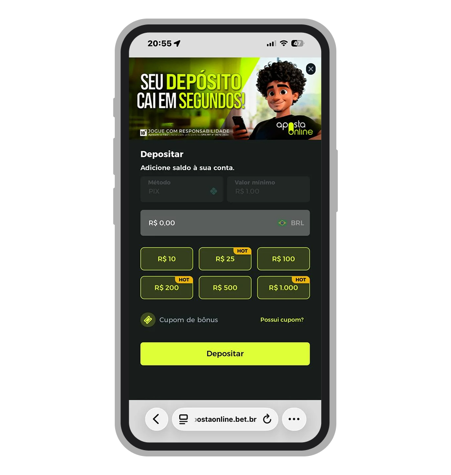 Janela de depósito via Pix no cassino Aposta Online com valor mínimo de R$ 1