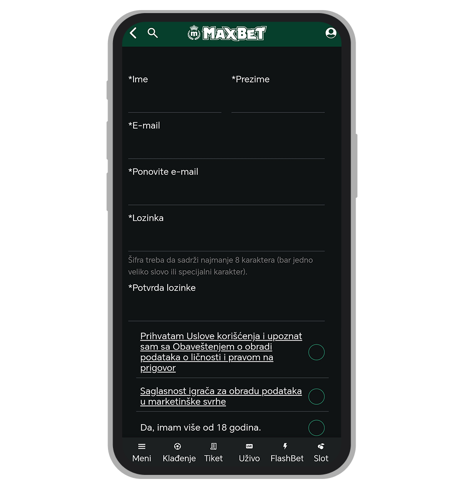 MaxBet podaci za registraciju