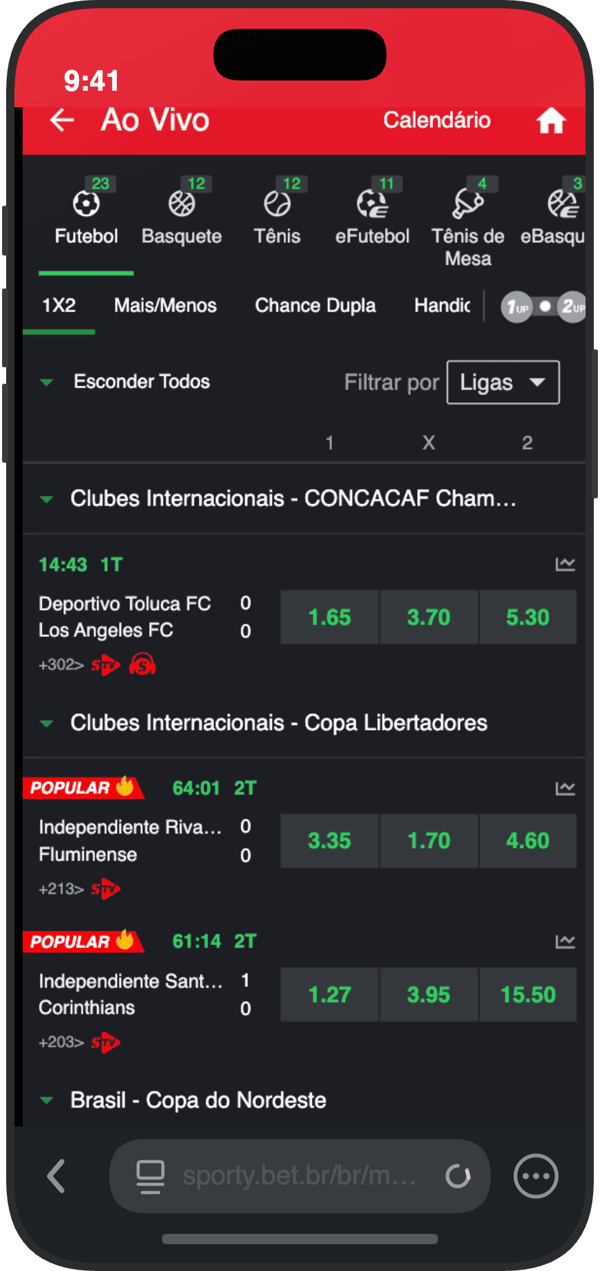 Apostas ao vivo na SportyBet com futebol da Copa Libertadores e odds em tempo real