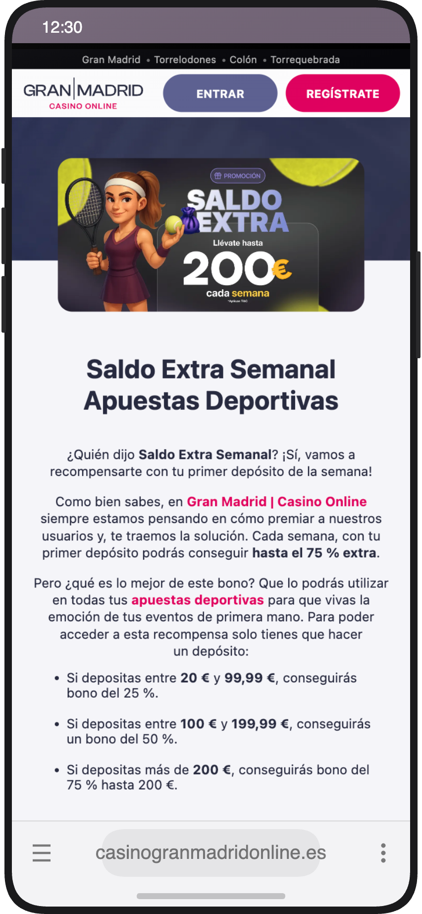 Detalle de la promoción Saldo Extra Semanal de hasta 200€ con escalas de bono en Casino Gran Madrid Online