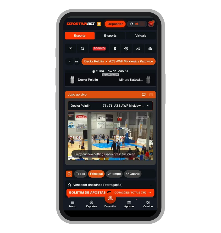 Transmissão ao vivo de evento esportivo no app Esportiva.bet, com vídeo integrado