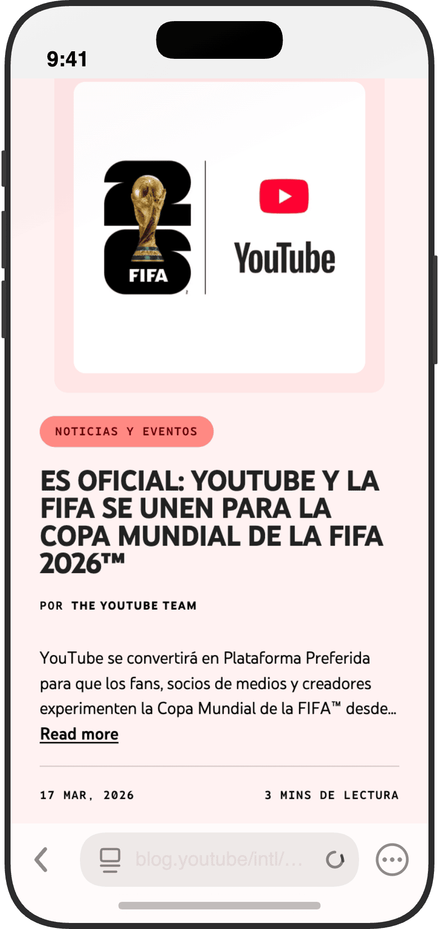 Anuncio oficial del blog de YouTube sobre el acuerdo con la FIFA como plataforma preferente para la Copa Mundial 2026