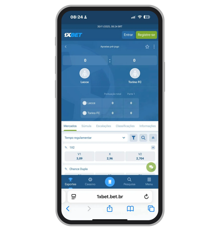 Evento esportivo no site mobile da 1xBet