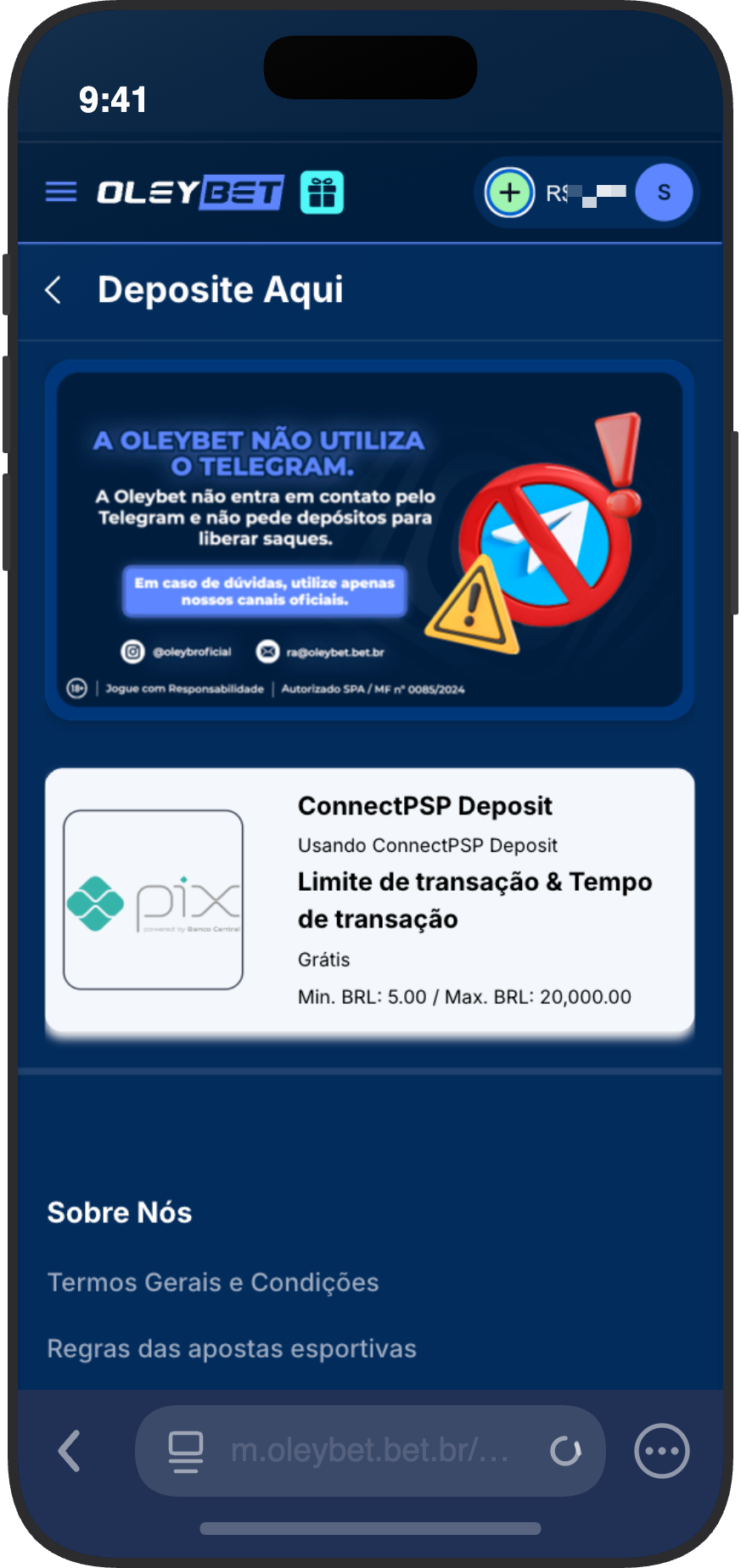 Tela de depósito via Pix do cassino OleyBet com limite mínimo de R$ 5 e aviso contra golpes