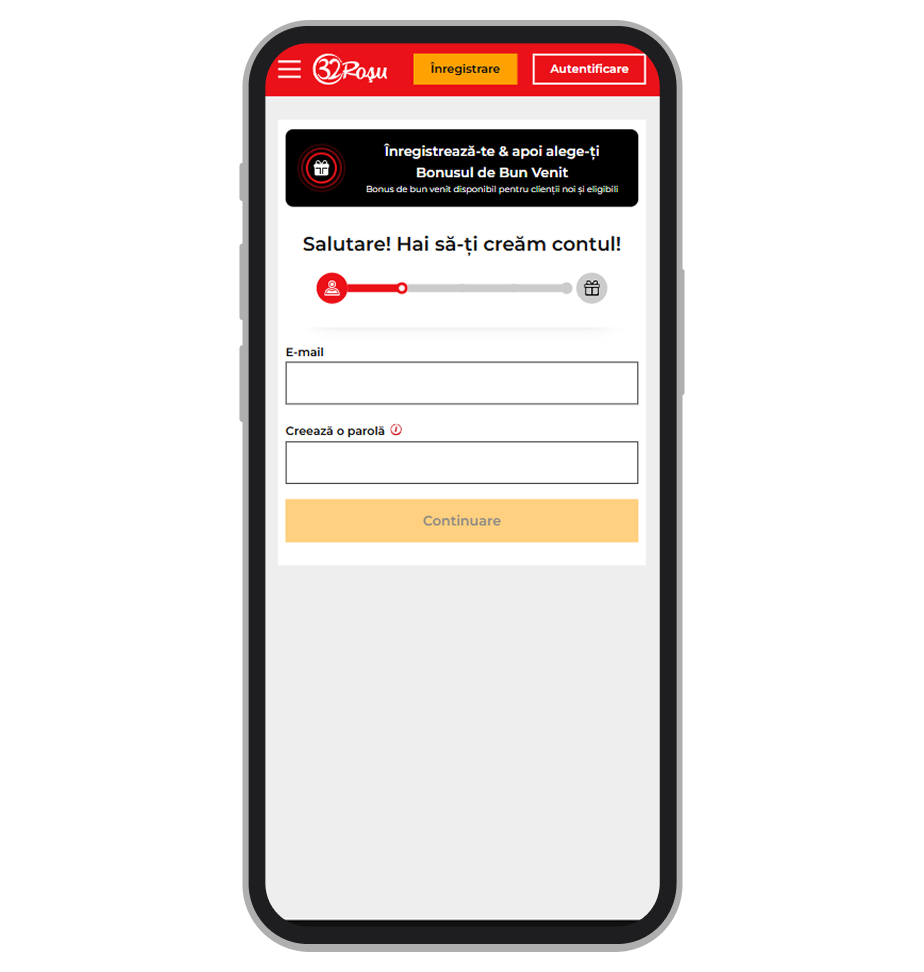 Pasul 2, introducerea e-mail-ului și alegerea parolei