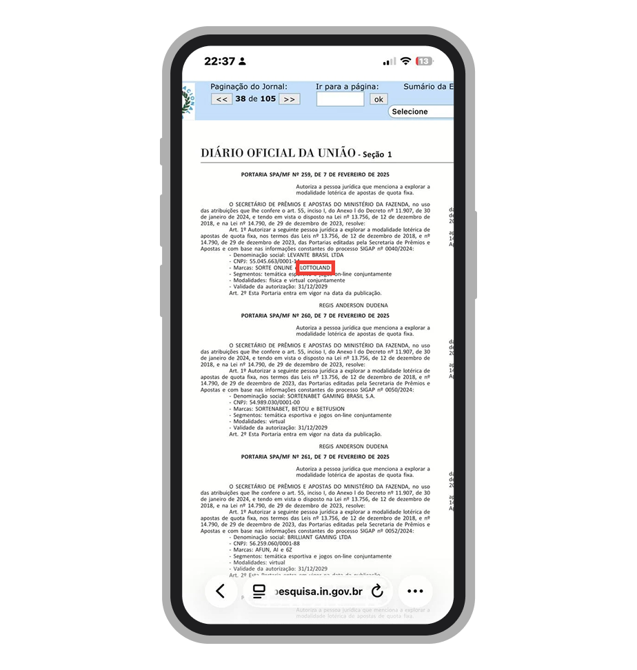 Portaria SPA/MF nº 259/2025 que autorizou a operação da Lottoland no Brasil