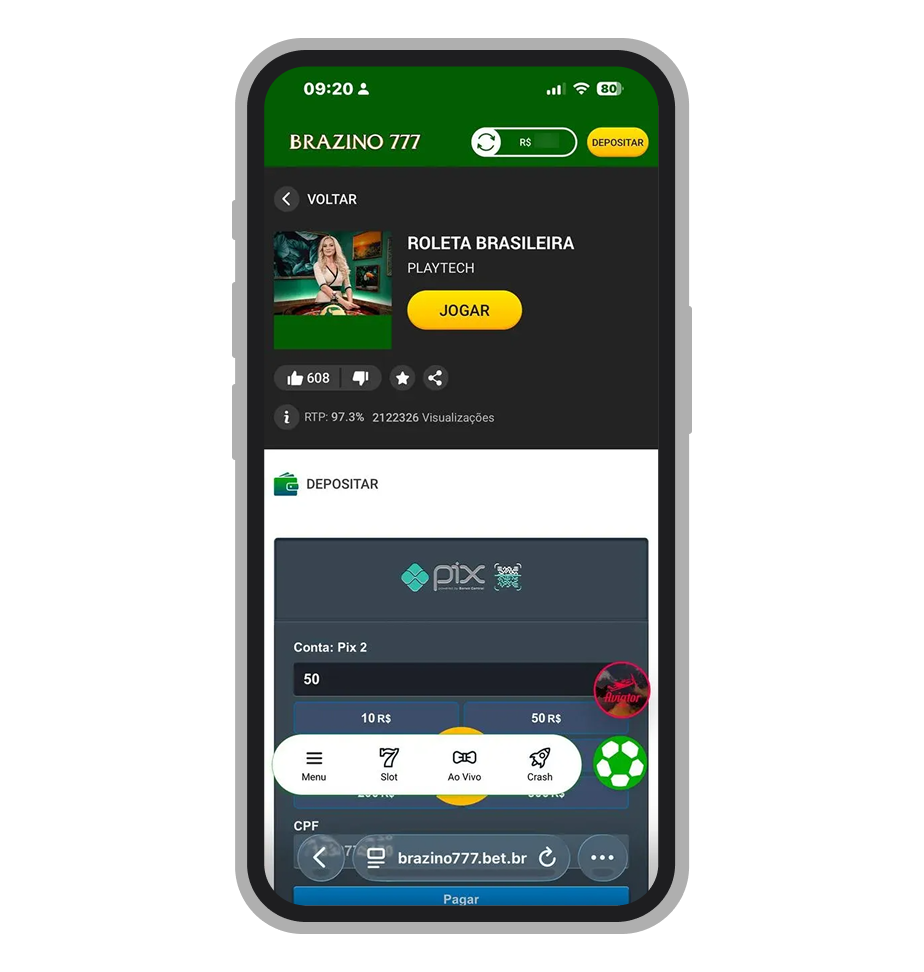Roleta Brasileira no site mobile do Brazino777