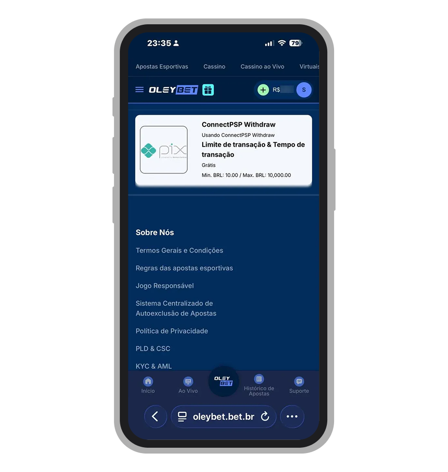 Tela de saque na OleyBet via Pix com mínimo de R$ 10 e máximo de R$ 10.000 por dia